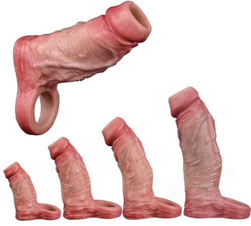 Jomyu Flüssigsilikon Realistische hohle Penishülle mit Verdickt Hodenring und Venenstruktur Penismanschetten 4 Größen Penis Sleeve Penisvergrößerung und Zeit Verlängern Sexspielzeug für Männer (XL)