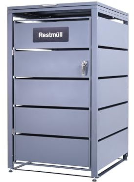 Albatros Mülltonnenbox 1er Tonne | bis 240 Liter | Anthrazitgrau RAL 7016 | verzinkter Stahl | Premium Dämpfer| Aufkleber-Set | wetterfest| verstellbare Füße| Türgriff mit Schloss | Gartenbox