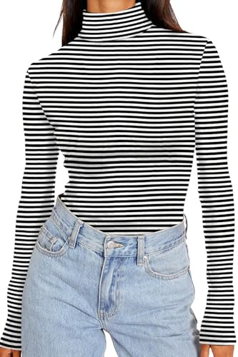 DUOEASE Jersey Cuello Alto Mujer Básico Sólido Otono Invierno Camiseta Térmico Manga Larga Elegantes Camiseta Mujer (Negro Blanco Rayas L)