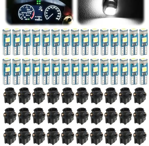 TNJPSEK 30 Sets T5 LED Instrument Cluster Bulbs with Twist Socket, Dash LED Lights for Automotive Panel Gauge Shift Indicator Map Dome (White Light)