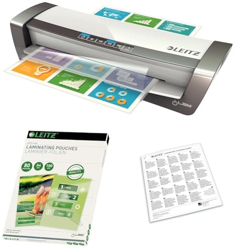 Leitz iLAM Set A3 Laminiergerät Office Pro, Für 80 bis 175 mic Laminierfolien, 75180084 + Heißlaminierfolien A4 80 mic im 100er Pack, 33818 + Premium A3/A4-Reinigungsblätter 5er Pack, 72550000