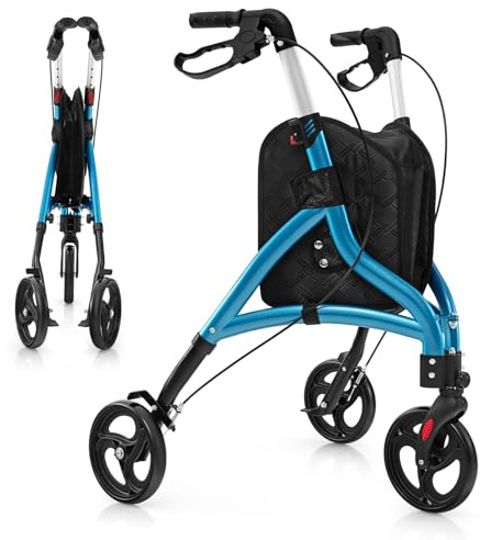 HOMASIS Déambulateur Pliable à 3 Roues en Aluminium Léger, Aide à la marche Hauteur Réglable, Rollator avec Sac de Rangement pour Tous Types de Terrain pour Personnes Âgées, Handicapées (BLEU)