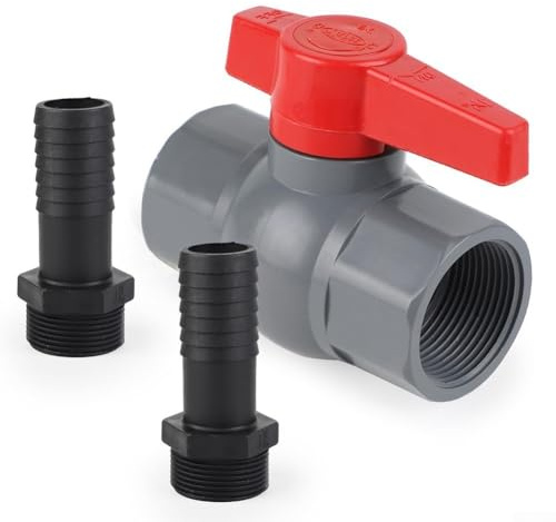 PVC Ball Valve with Hose Connector 3/4 Inch Female Thread to 19 mm Barb Shut-Off Tap for Pool Irrigation Includes 2 Clamps Sealing Tape