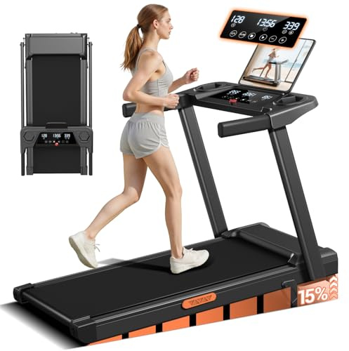 Treadmill with 15% Incline, 3-in-1 Portable Treadmills with Handle for Home and Office, Foldable Treadmills with 136 KG Weight Capacity, 3.0HP Quiet Walking Pad Treadmill, Three Touch Screen (Dark)
