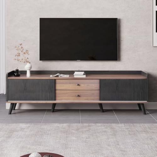 BLOCKTOY Meuble TV avec Deux tiroirs, Table TV, Meuble Bas TV avec Deux Portes coulissantes, Noir et Couleur Bois Naturel, H58/L160/P40 cm,Noir