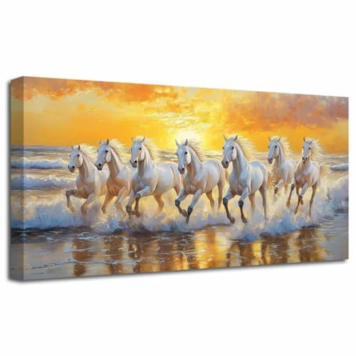 LZIMU Pferde 7 Weiße Pferde rennen Bild Wildtiermalerei Sonnenaufgang Wildtiere Leinwanddrucke Sonnenuntergang Naturlandschaft Poster Modernes Kunstwerk WohnDekor (Gold, (30L x 60B cm))