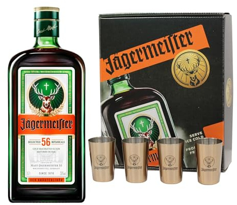 JÄGERMEISTER Licor de Hierbas Gift Pack 700 ml + 4 Vasos Metálicos, 35% Vol | Con 56 Hierbas Naturales.