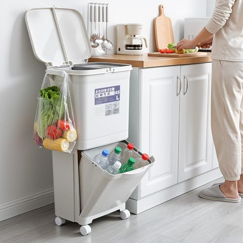 Warmiehomy Double Compartment Kitchen Bin 45L Recycling Bins for Kitchen 2 Tier Waste Bins with Double Lids Dry and Wet Separation Rubbish Bin with Wheels Vertical Waste Separation System