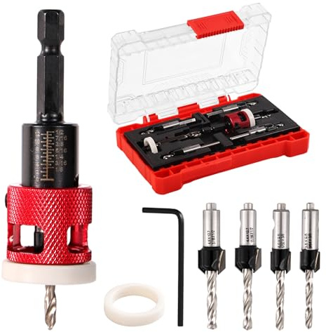 5uds Juego de Brocas Avellanadoras, Profundidad de Perforación Ajustable con Llave Hexagonal Tope Profundidad y Broca para Madera Contrachapado MDF y Plástico