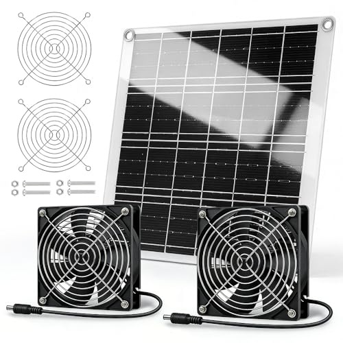 KUWUNG Solar Ventilator, 15W Solarpanel Ventilator, Wetterfest, mit DC Doppelventilator für kleine Hühnerställe, Solarmodul Lüfter Kit für kleine Hühnerställe, Gewächshäuser, Haustierhäuser, Garage