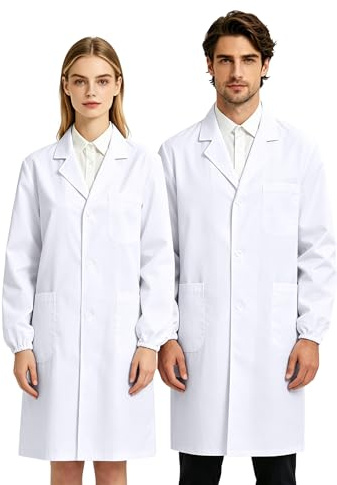 Blouse de laboratoire blanche pour homme et femme, poignets élastique en polyester, vêtement de travail, manche longue, uniforme blanc pour ateliers (FR/ES, Alpha/lettres, S, Taille normale)