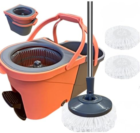 *NEW* SWISSPACK Revolving Spin Mop and Bucket With 2 Extra Pads Perfect For Easy Cleaning. Clean and Dirty Water Separtered For Perfect Finish (ORANGE-GREY) (PEDAL SPIN ORANGE/GREY)