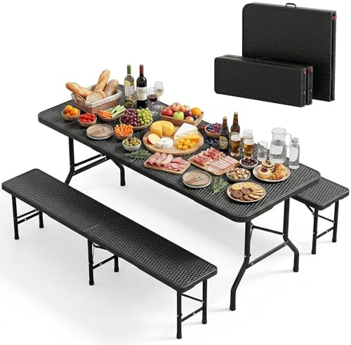 JUMMICO 3 Tavolo Giardino e Sedie da Esterno Set Birreria Pieghevole(Tavolo + 2 Panche) Effetto Rattan HDPE 300kg, Montaggio in 30 Secondi, Salvaspazio per Campeggio Spiaggia Picnic BBQ