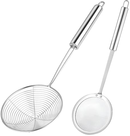 Kinesgsg 2 Pezzi Schiumarola, Schiumarola Acciaio Inox, Scolapasta con Manico Lungo, Setaccio con Fori per Appendere, Ragno Cucina Facile da Pulire, per Grasso, Residui, Schiuma