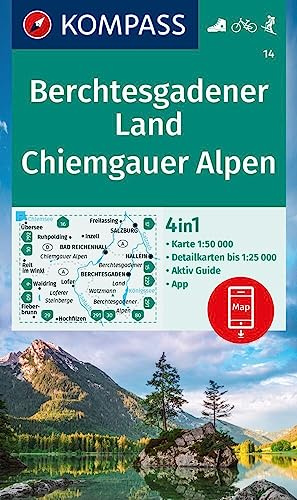 KOMPASS Wanderkarte 14 Berchtesgadener Land, Chiemgauer Alpen 1:50.000: 4in1 Wanderkarte mit Aktiv Guide und 1:25000 Karten, inklusive Kartenbereich ... in der KOMPASS-App. Fahrradfahren. Skitouren.