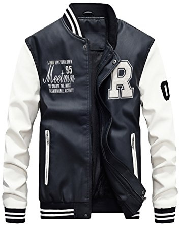 Vogstyle Hombres Cuero de Invierno la de Chaqueta de la PU de Béisbol con Chaquetas Blanco XS