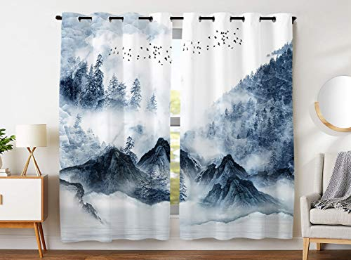 YISUMEI - Gardinen Blickdichter - Eisiger chinesischer Tintenart Wald,245 x 140 cm 2er Set Vorhang Verdunkelung mit Ösen für Schlafzimmer Wohnzimmer