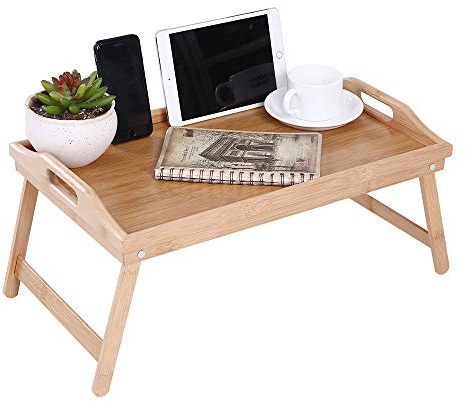KKTONER Vassoio da letto in bambù Vassoio da colazione con piedini pieghevoli Tavolo da letto Vassoio da portata
