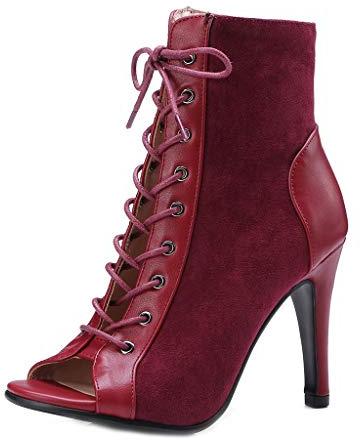MIOKE Women's Peep Toe Dance Stilettos High Heels Sandals Fashion Sexy Lace Up Ladies Dress Pumps Ankle Booties Wine Red 4.5 M US