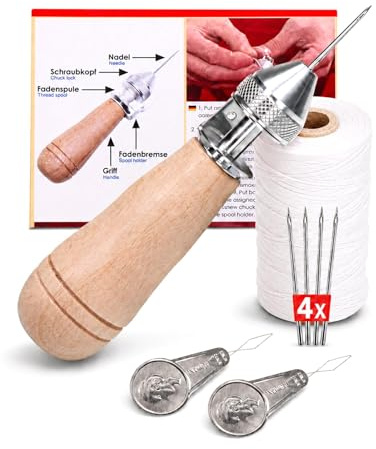 Profi Ledernäh-Set mit Handnähapperat Nähahle Sattlerahle + gewachstem Garn + Einfädler +Ersatznadel - Handnähmaschine für dicke Stoffe - Sattlergarn - Ledergarn - Polstergarn (weiss)