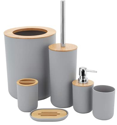 MisFox Juego de 6 Piezas Accesorios de Baño de Bambú con Dispensador de Jabón, Cubo de Basura, Vaso para Cepillo de Dientes, Soporte para Cepillo de Dientes, Jabonera y Escobilla para Inodoro (Gra)