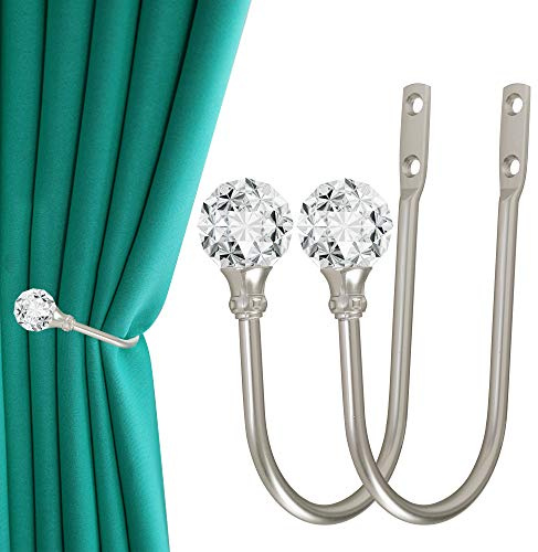 Curtain Holdback, 2pcs Wall Mounted Drapery Tiebacks with Clear Crystal Ball, Heavy Duty Metal Decorative Window Drapery Curtain Holder Curtain Hooks with Screws, Sliver