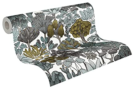 A.S. Création Architects Paper Dschungeltapete Floral Impression Tapete natürlich PVC-freie Vliestapete grün grau gelb weiß schwarz matt glatt 377573 37757-3, 10.05 m x 0.53 m