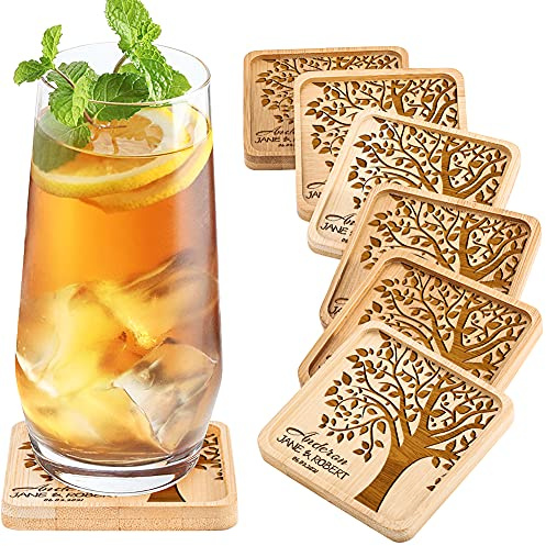 Personalised Coasters Set of 2/4/6, Engraved Square Wooden Coasters Sets for Coffee Mug Beer Wine Glass Gift for Wedding Anniversary Custom Name Date