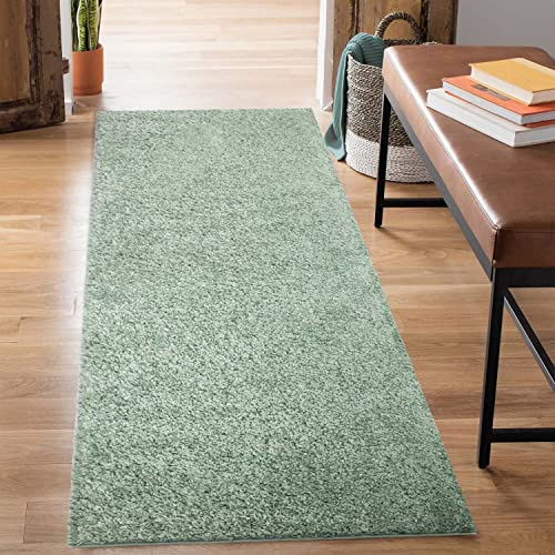 carpet city Shaggy matta med hög lugg – löpare 80 x 300 cm – grön – lång lugg, hallmatta – enfärgad, modern – fluffiga, mjuka mattor, sovrum, dekoration