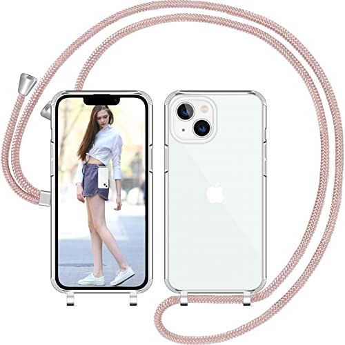 Nupcknn Coque avec Cordon pour iPhone 13, Transparent Coque Collier Réglable Téléphone Étui Portable Lanyard Case Protection Complète Cover de iPhone 13(Or rose 1)