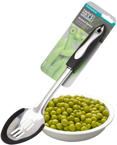 Cucchiaio scanalato in acciaio inox, utensile da cucina in nylon per alimenti, bordo antigraffio, impugnatura ergonomica morbida, foro per appenderlo per una facile conservazione. Lavabile in