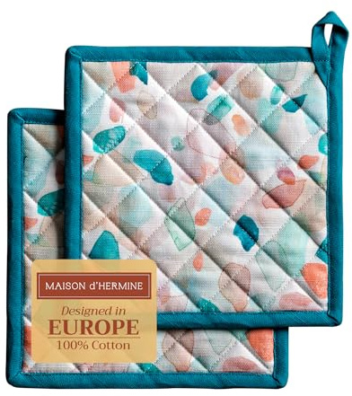Maison d'Hermine Topflappen-Set, 100% Baumwolle (20 cm x 20 cm, 2er-Pack) | Hitzebeständig mit Schlaufe zum Grillen Backen Anfassen heißer Pfanne, Frühjahr Sommer - Summer Picnic