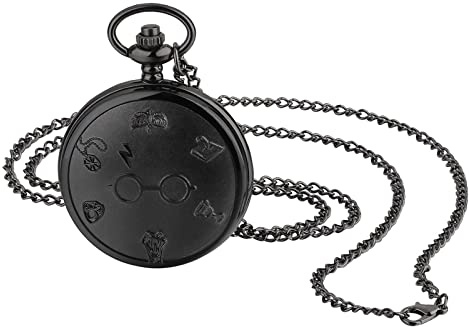 JewelryWe Retro Taschenuhr Herren Vintage Brille Blitz Trophäe Blume Arabische Ziffern Skala Analog Quarz Uhr mit Halskette Kette Kettenuhr Unisex schwarz