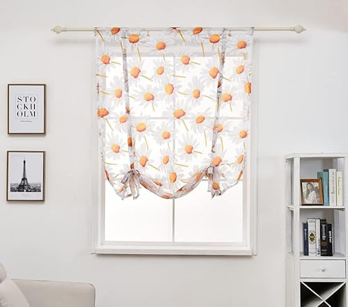 Devola - Tenda a pacchetto con motivi pastorali, con motivo girasole, in filato trasparente, pronta per la cucina, per la finestra, 60 x 120 cm, colore bianco, confezione da 1