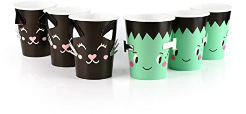 Sparkles Partyware Halloween Cups Fun Characters - Pack of 10 Assorted Frankenstein and Cat Paper Cups with Attachable Details - Do It Yourself Halloween Party Tableware Decoration