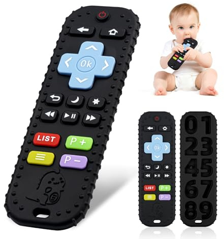 Teething Toys for Baby, Silicone Remote Teethers for Infant Toddlers 3-6-12 Months，Remote Control Baby Chew Toys mit Pacifier Clip, Sensory Toys Baby Gifts for Newborn Girl Boy (Black)