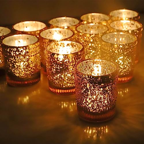 Vohocandle Gold Tea Light Holders Set of 12, Gold Candle Holders Bulk for Wedding Table Centerpiece, Mercury Glass Tealight Holder for Home Party Decoration (5.5 * 6.5cm)