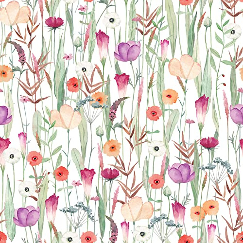 VEELIKE Tapete Blumen Weiß Fototapete Selbstklebend Tapete Vintage Mustertapete Aquarell 44.5 cm x 300 cm Tapeten Wohnzimmer Schlafzimmer Klebefolie Blumen Lila Blumentapete Möbelfolie Abnehmbar
