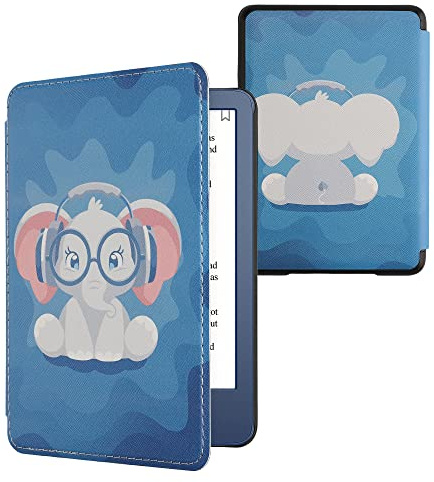kwmobile Schutzhülle für Amazon Kindle (2022/2024) Hülle - eReader Flip Case mit Auto Sleep Funktion - Süßer Elefant mit Hellblau Dunkelblau Grau