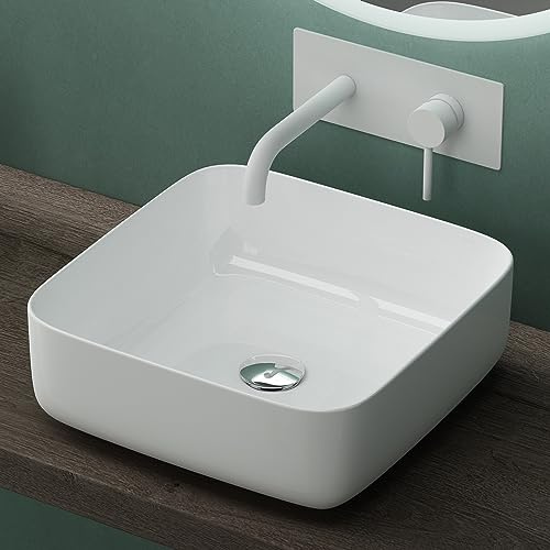 Mai & Mai Waschbecken Aufsatzwaschbecken 38,5x38,5x14cm in Weiß | Waschschale aus Keramik mit Nano-Beschichtung/Lotus-Effekt Waschtisch rechteckig Brüssel106