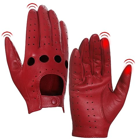 Harssidanzar Women's Touchscreen Leather Driving Gloves Unlined Vintage Sheepskin Gloves GL009,Red, Size,L
