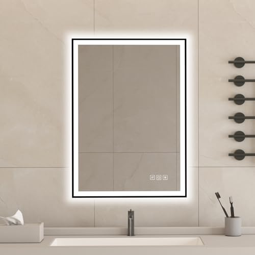 furduzz Espejo de baño LED con marco negro 500 x 700 mm, espejo cosmético, retroiluminación, intensidad variable, antiempañamiento, irrompible, con memoria de forma, 3 colores, espejo de pared