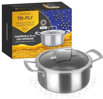 KASANOVA Casseruola 18 cm con coperchio a 3 strati Tri - ply grigio Cottura