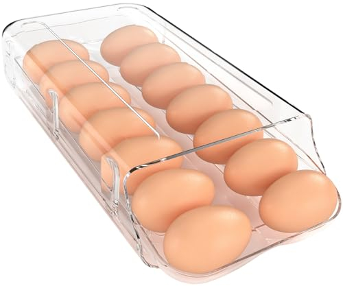 theaoo Egg Holder for Fridge, Automatic Rolling Egg Container for Refrigerator, Clear Plastic Egg Dispenser, Stackable Eggs Organizer with Quick Removable inner Tray For Organizers and Storage, 1Pack