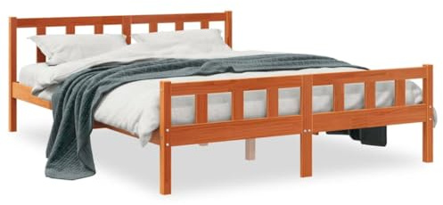 ZQQLVOO Bed Frame Lattenrost Palettenbett Bodenbett Massivholzbett mit Kopfteil Wachsbraun 150x200 cm Kiefer