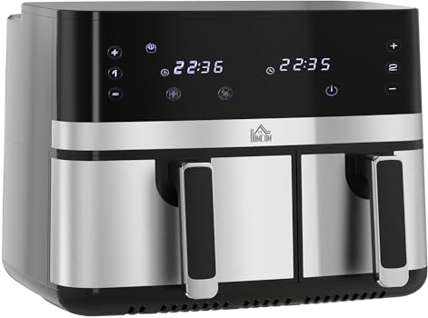 HOMCOM Dual Zone Heißluftfritteuse 8,5 L Airfryer 2700W mit 2 Fächer, 8 Programme, Antihaftbeschichtung, spülmaschinenfeste Körbe Heissluftfritteuse Fritteuse ohne Öl, energiesparend, Schwarz