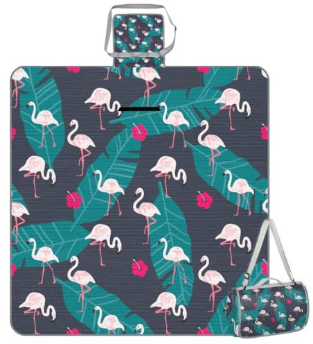 Mularoka Picknickdecke mit Flamingo-Blumen und Blättern, wasserdicht, sanddicht, faltbar, Stranddecke, 150 x 145 cm, extra groß, tragbar, waschbar, Outdoor-Matte für Camping, Park, Gras, Wandern,
