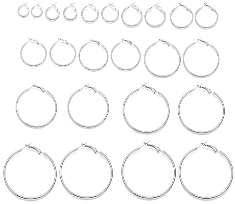DHWEKU 12 Paia Cerchio Orecchini Piercing Orecchio Cerchi in Acciaio Inox Anelli per Donne Ragazze, 12 Taglie, 20-75 mm