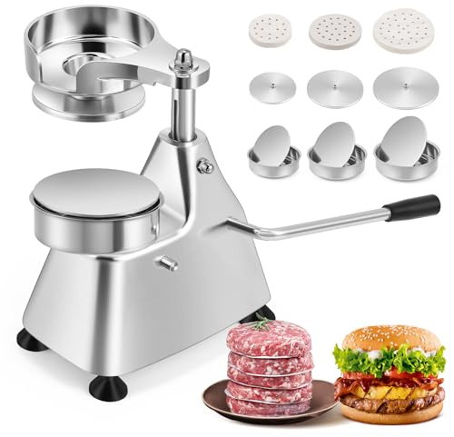 Moongiantgo Máquina de Prensa de Hamburguesas, 3-in-1 Prensa de Hamburguesa Comercial de Acero Inoxidable con 3 Bandejas Desmontables de Tamaño 4/5/6 & 1500 Papeles para Hamburguesas (10/13/15CM)