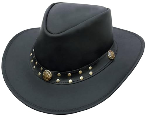 Cowboyhut aus Leder für Herren und Damen, Westernhut mit formbarer breiter Krempe, Lederhut im Aussie-Stil, Schwarz, 3XL